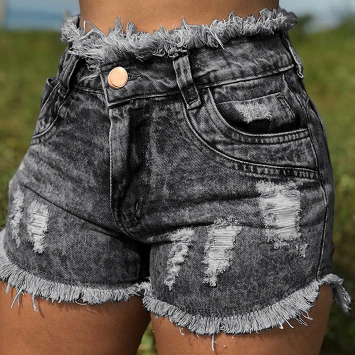 SZ60211-1 High Waist Broken Holes Chic Denim Shorts